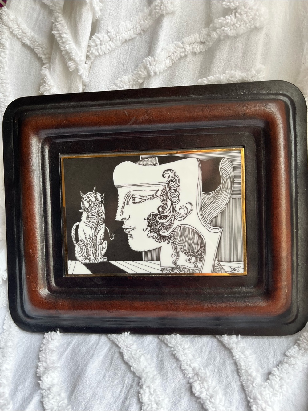 Porcelain Tile in Tooled Leather Frame by Hungarian Artist Endre Szász